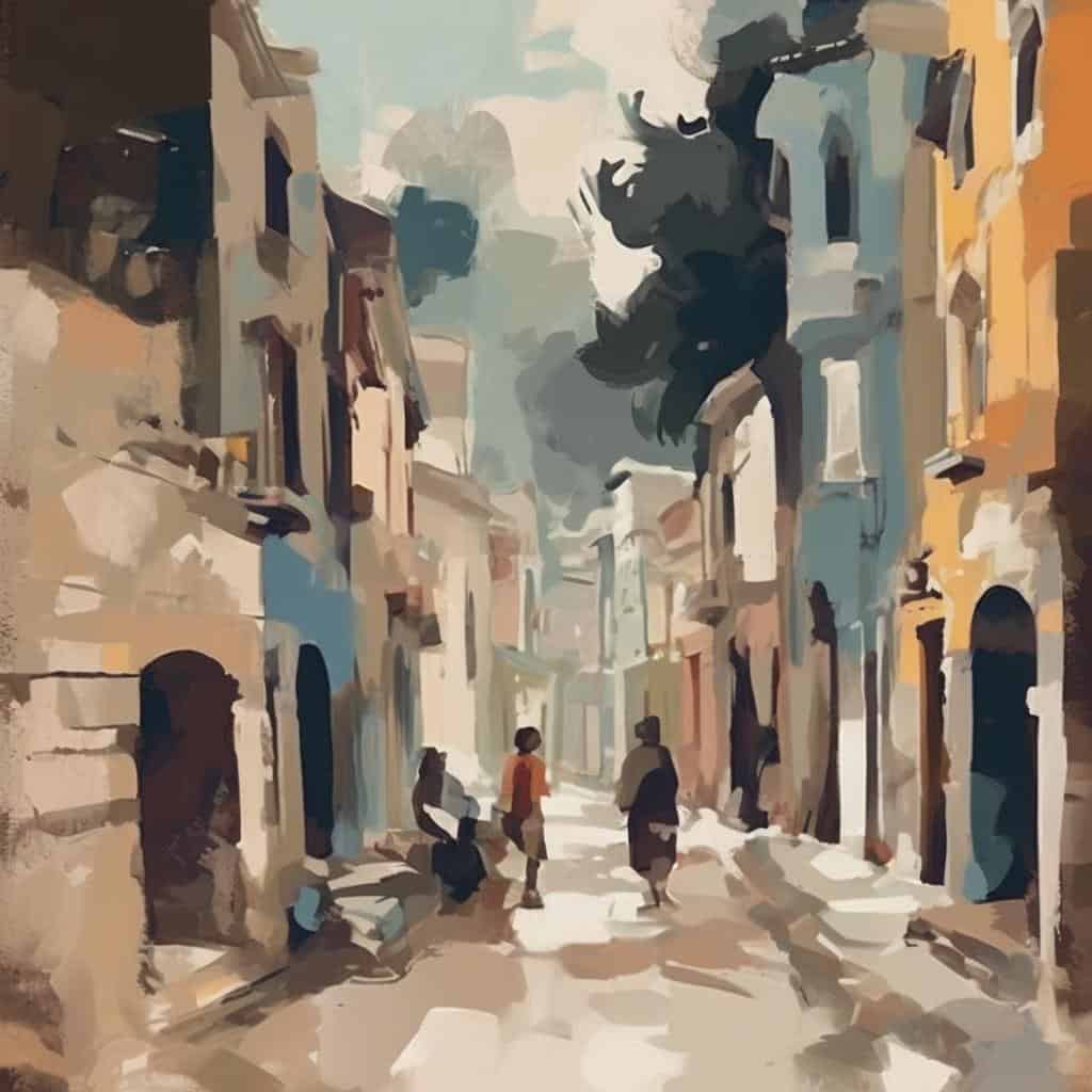 Παλιά πόλη με ανθρώπους, ζωγραφική σε στιλ εντυπώσεων, κεντρικό στοιχείο στην ελληνική πόλη.