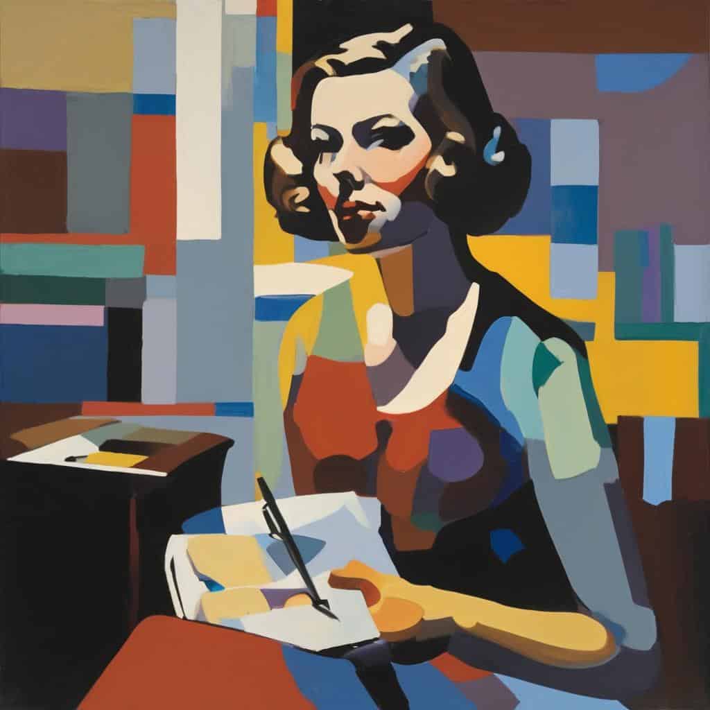 Ζωγραφική πορτρέτο γυναίκας σε αφηρηστικό στυλ με άνω-κάτω στοιχεία και έντονα χρώματα.