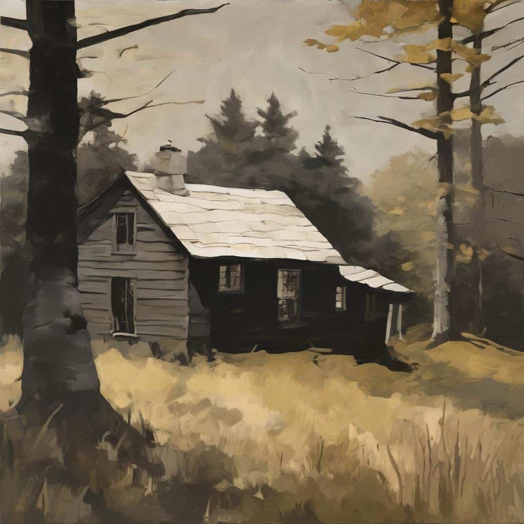 Παλιό ξύλινο σπιτάκι σε δασική περιοχή με φθαρμένο ξύλινο στέγαστρο και γύρω δέντρα, αποπνέει ηρεμία και δύναμη του κεντρικού στοιχείου.