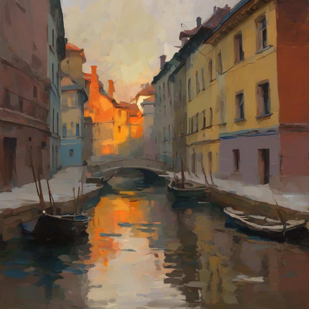 Γαλάζια και κίτρινα κτίρια κοντά σε κανάλι με μικρά σκάφη, ηρεμία, δύναμη του κεντρικού στοιχείου, ευρωπαϊκό αστικό τοπίο, ηλιοβασίλεμα.