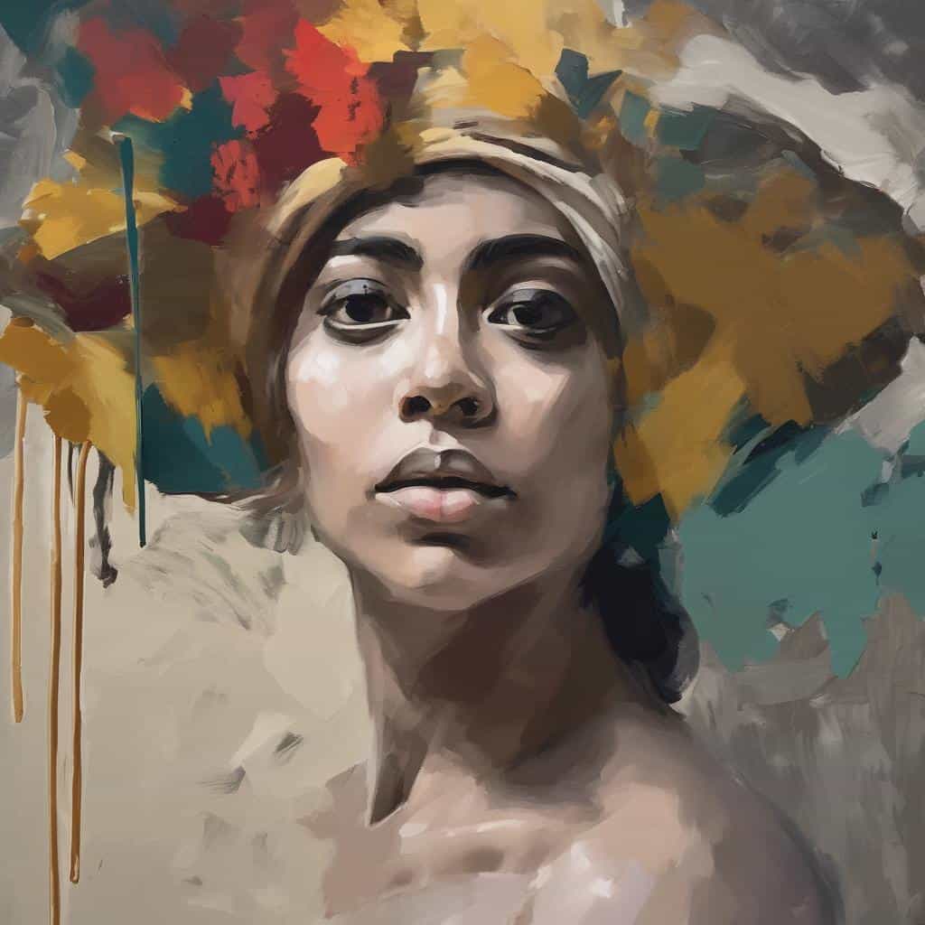 Πορτρέτο γυναίκας με κεντρικό στοιχείο το μήνυμα δύναμης και αυτοπεποίθησης, σε αριστουργηματική ζωγραφική τεχνική με έμφαση στην ένταση και το βάθος.